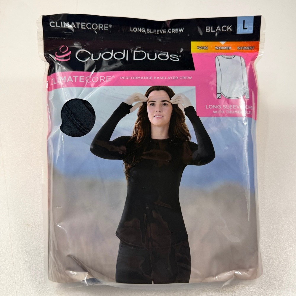 Cuddl Duds ClimateCore Performance Baselayer Crew Womens L Black Thumbholes NEW